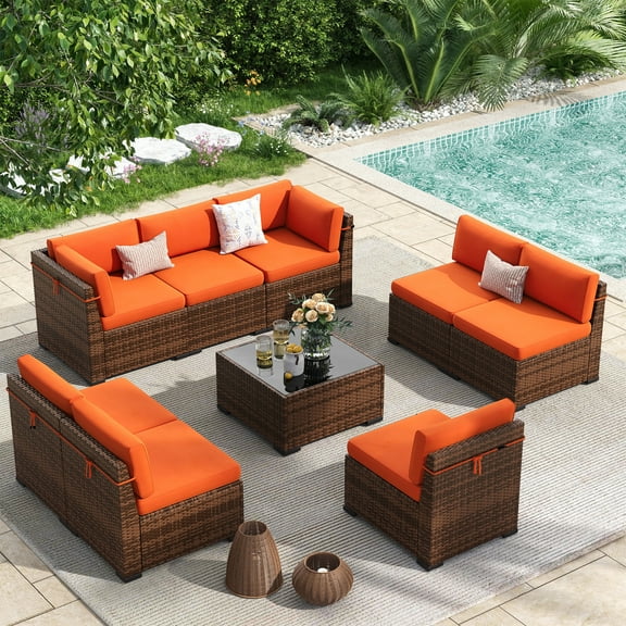 Poteban 9 Pieces Outdoor Sectional Sofa Set , PE Wicker Rattan Slanted Back Outdoor Conversation with Cushions and Glass Coffee Table for Backyard Garden, Orange