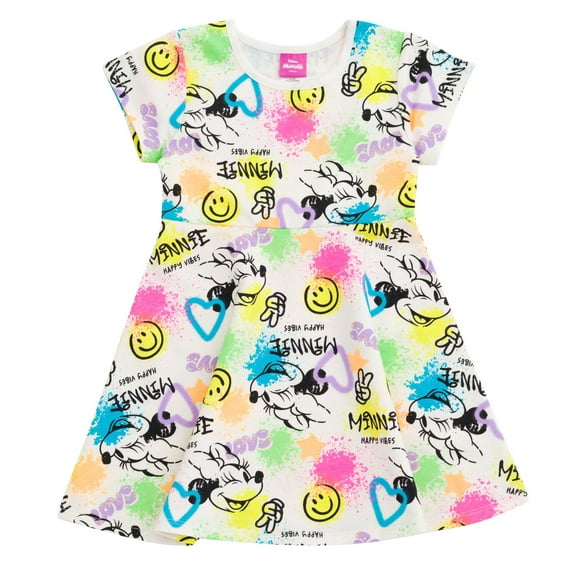 Disney Minnie Mouse Big Girls' Short Sleeve French Terry Skater Dress Ivory Minnie Mouse Happy Vibes