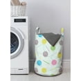 thumbnail image 3 of Retro Laundry Bag, Elements Handicraft Balls of Yarn Pins Hooks Needlework and Coil Clew Composition, Basket with Handles Drawstring Closure for Laundromats, 13" x 19", Multicolor, by Ambesonne, 3 of 4
