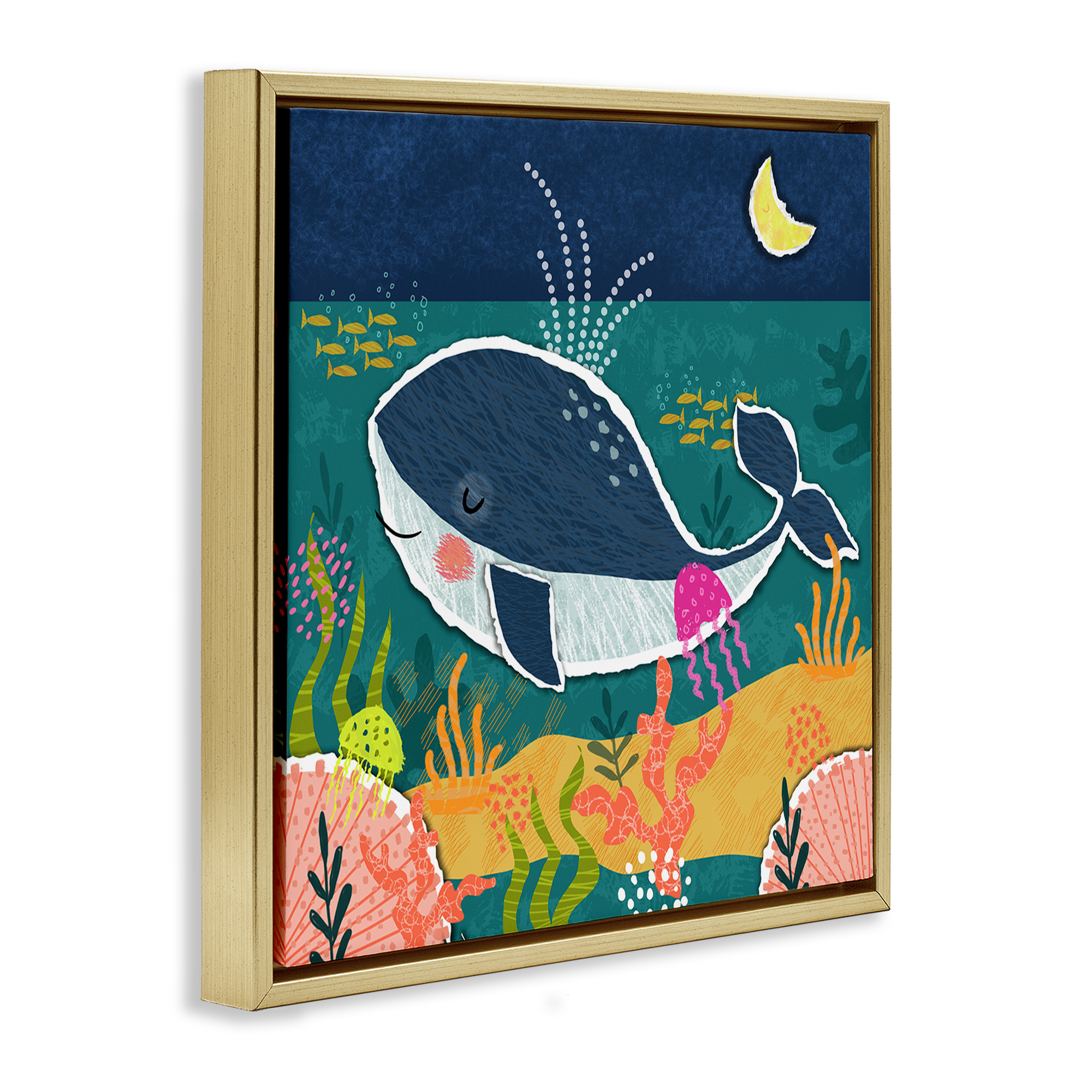 Stupell Industries Whale At Nighttime Animals Painting Gold Floater Framed Canvas Art Print Wall Art, 25 x 25