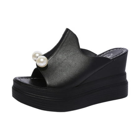 

Women s Ladies Slippers Thick-Bottom Solid Pearl Waterproof Wedge Sandals Shoes