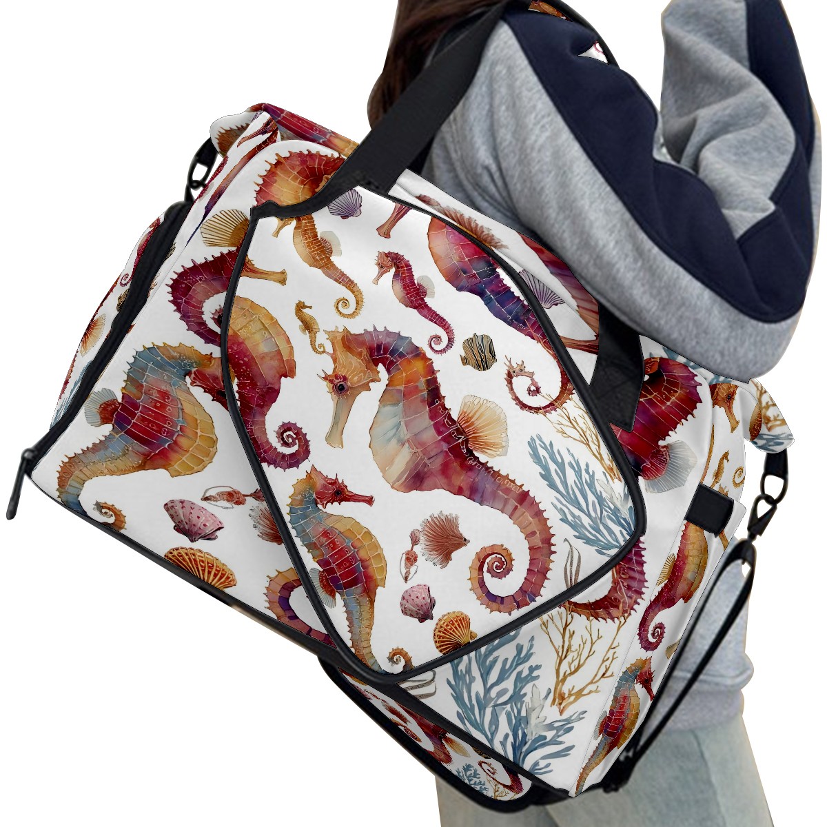 Large Gym Bag with Shoe Compartment, Water-Resistant Duffle Bag for Men and Women, Multicolor Seahorses Watercolor Sports Tote for Workout Travel