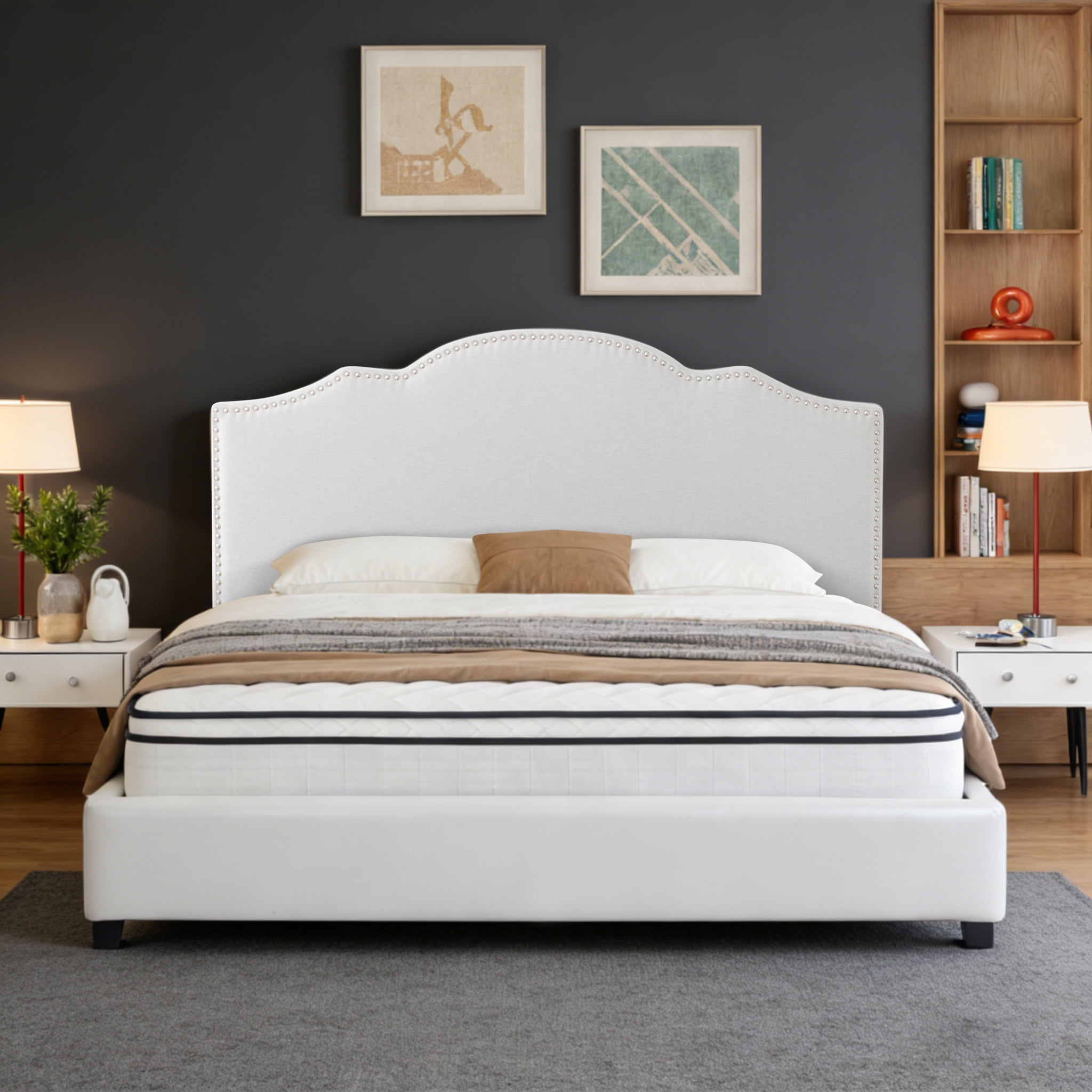 Gewnee King Bed Frame with 55"High Upholstered Headboard,Platform Bed Frame with Nail-Head Trim,No Box Spring Required,Modern Design for Bedroom,Light Grey