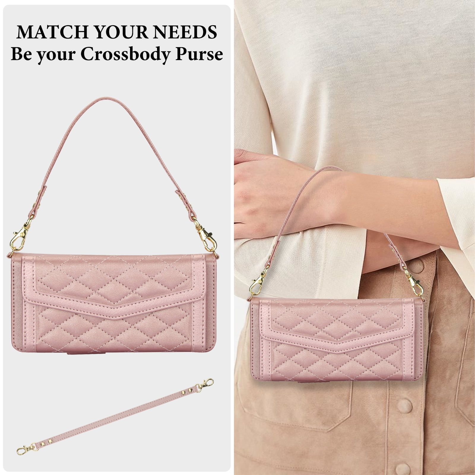 for Samsung Galaxy Z Fold 5 Case Wallet with S Pen Holder for Women, 12 Card Holder & 2 Cash Pocket & Shoulder Strap & Wristlet Flip Stand PU Leather Phone Case with RFID Blocking, Rosegold