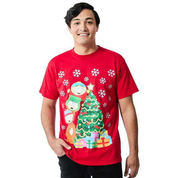 South Park Oversized Group Shot Decorating Christmas Tree Men's Red Crew Neck Short Sleeve T-shirt-Medium