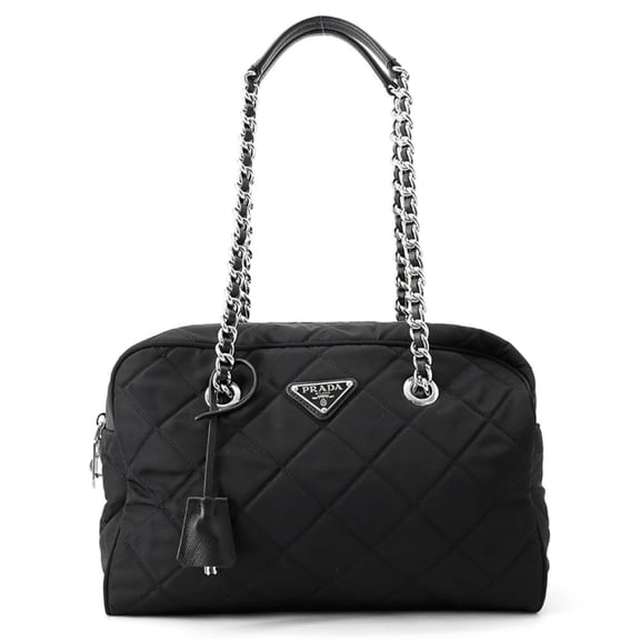 Pre-Owned Prada Chain Shoulder Bag Triangle Quilted Nylon 1BB903 PRADA Black Handbag