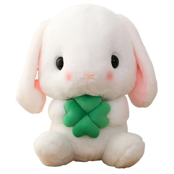 STEZYO Houpu Soft Toy - Sitting Lop Eared Rabbit, Easter White Rabbit Stuffed Bunny Animal With Carrot Soft Lovely Realistic Long-eared Standing Pink Plush Toys 8.6 inches(White-four Leaf)