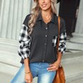 thumbnail image 2 of Blusa solapa Plaid elástico manga larga bolsillo único breasted moda casual Tops, 2 of 8
