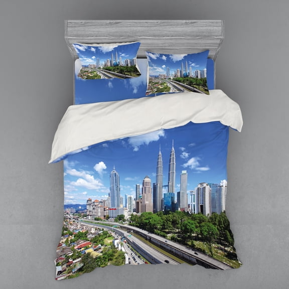 Ambesonne City Bedding Set 4 Pcs, Kuala Lumpur in Clear Day, Queen, Pale Grey Blue Green