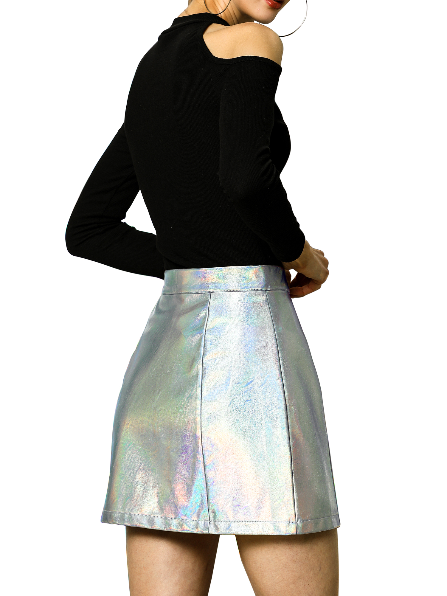 Allegra K Women's Metallic Zipper Front High Waist Holographic Mini Short Skirt - image 4 of 8