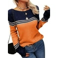 thumbnail image 3 of Women Autumn Winter Colorblock Pullover Sweaters Round Neck Striped Slim Fitting Knitwear Tops, 3 of 10