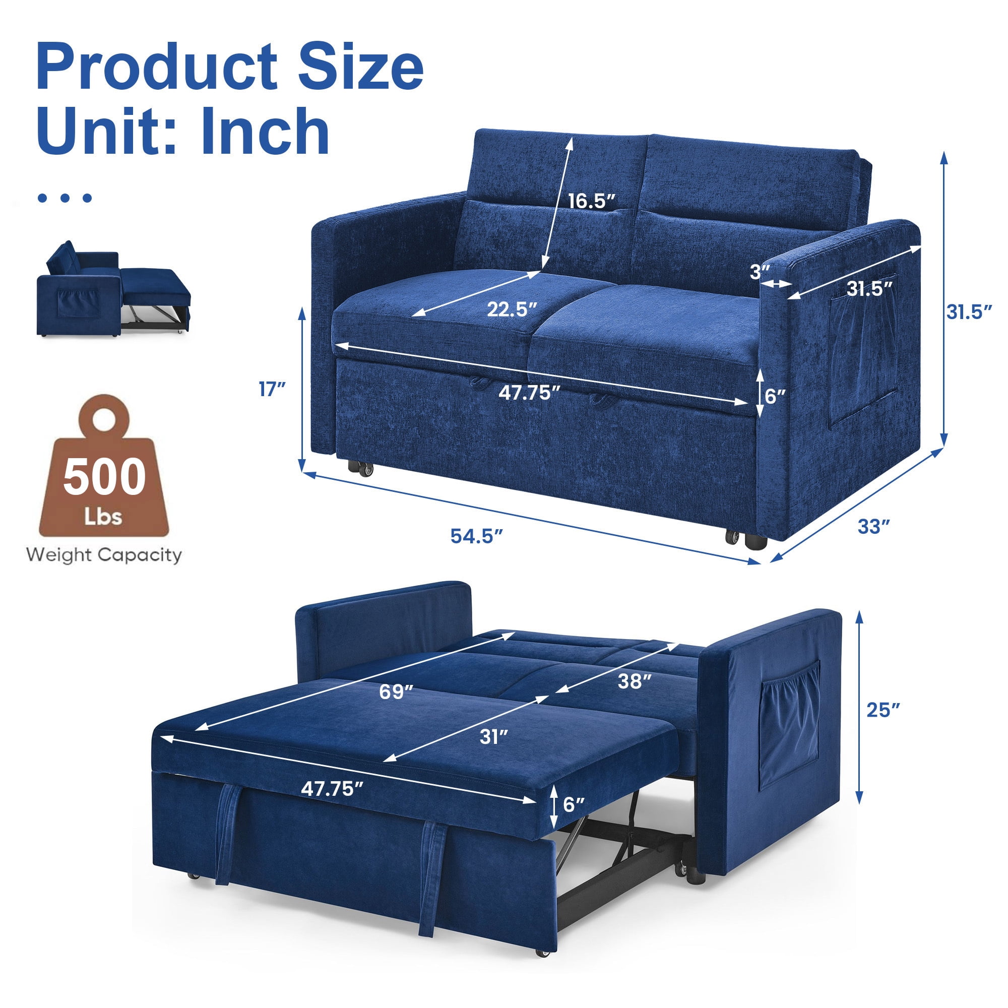 DEALTOPS Convertible Pull Out Sofa Bed, Adjustable Loveseat Sleeper with Side Pockets, Blue