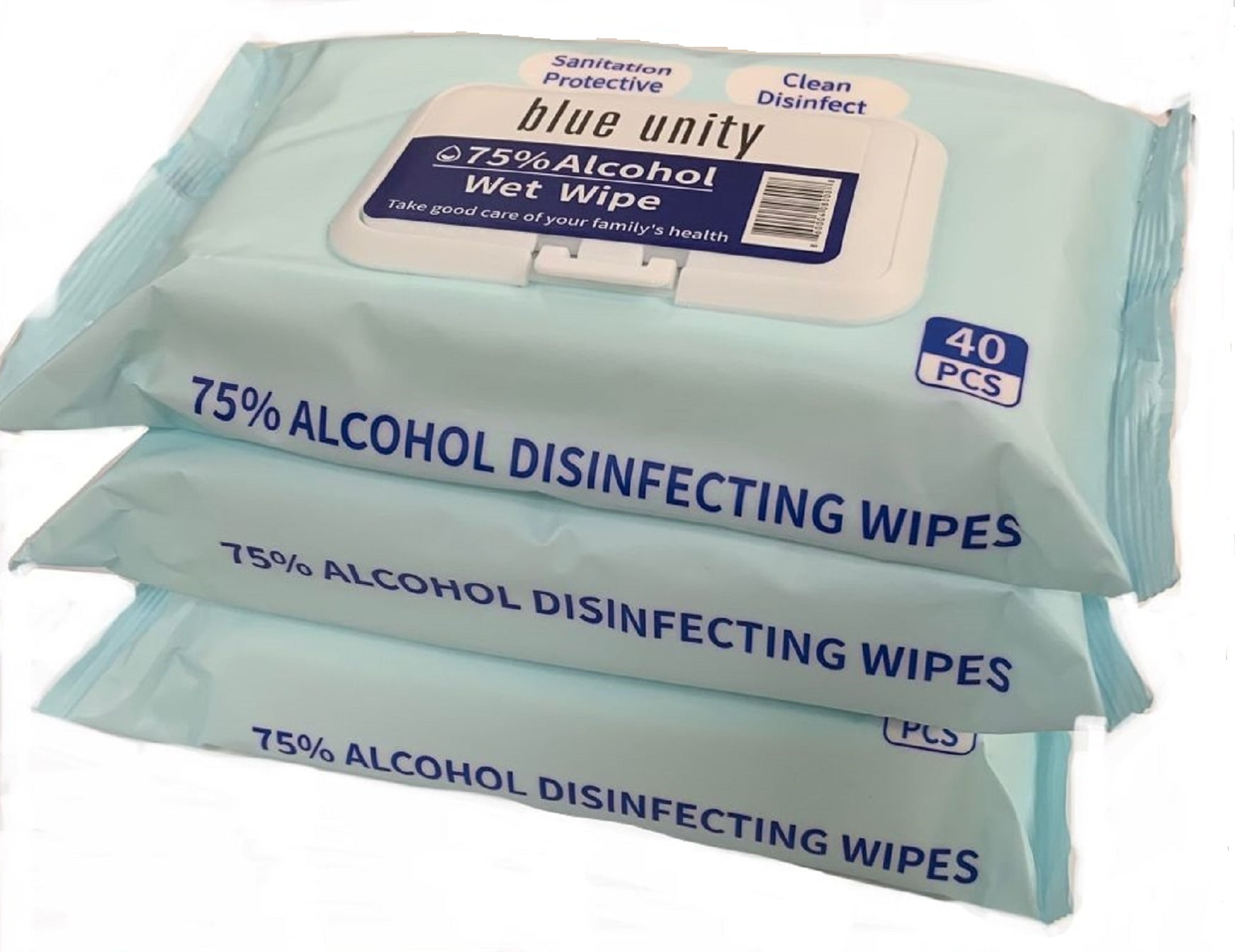 Blue Unity 75% Alcohol Water Wipes, Moisture Seal Lid, 40 Wipes, Pack of 3
