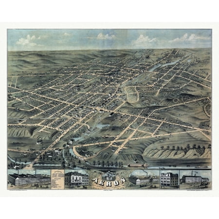 Historic Map of Akron Ohio 1870 Summit County Canvas Art -  (36 x