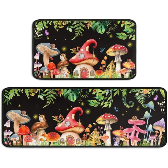 2 Piece Mushroom Kitchen Rug Set, Home Farmhouse Black Kitchen Rugs and Mats, Washable Non Skid Absorbent Microfiber Kitchen Floor Decor Mat 17"x 47" 17"x 30"