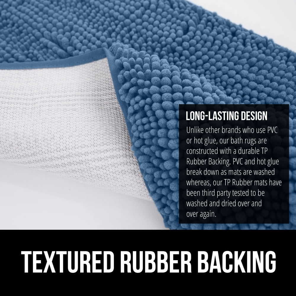 GORILLA GRIP Chenille Bath Rug 24x17, Rubber Backing Quick Dry Washable Microfiber Mats, Blue
