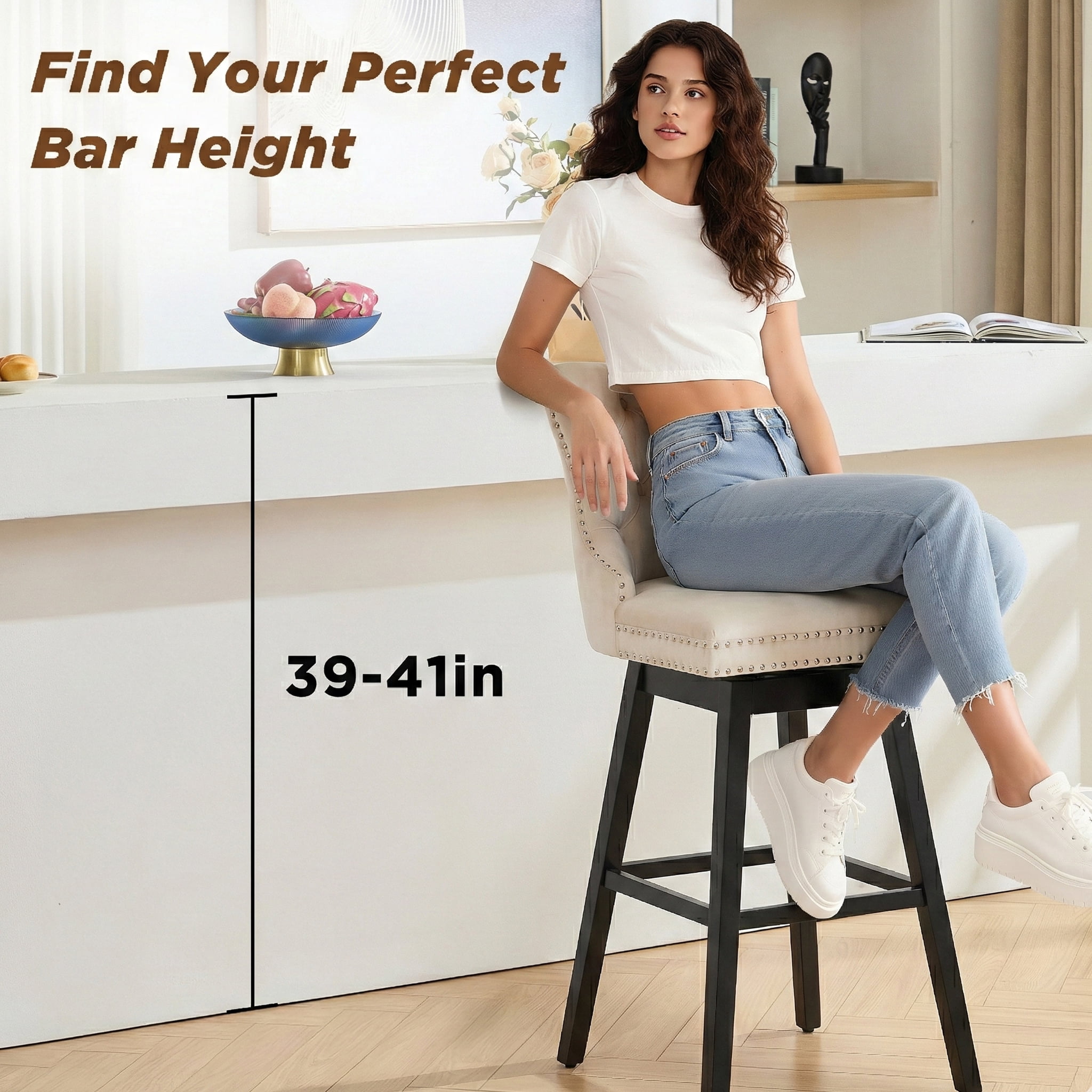 TEWLOSS 30" Swivel Bar Stools Set of 2, Beige Velvet Bar Height Chairs with Back for Home Pub