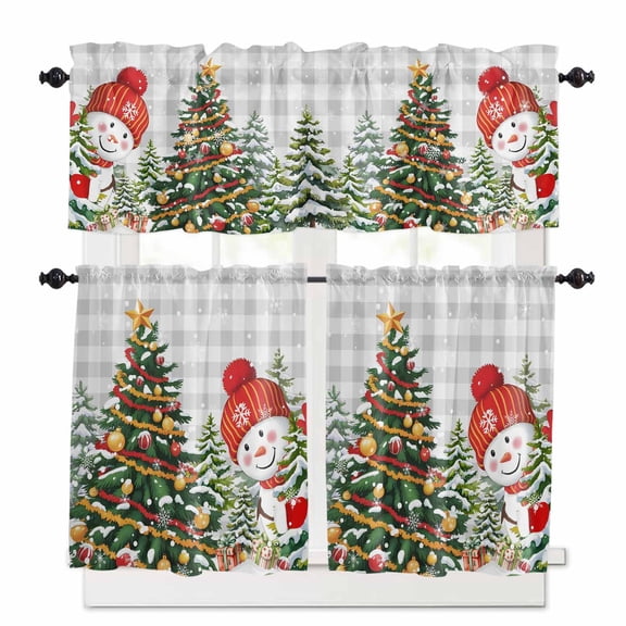 Merry Christmas Curtain Valances Set Plants Red Floral Berries Winter Xmas Kitchen Curtains 24 inch Length Rod Pocket Valance and Tiers 3 Piece Set Small Bedroom Bathroom Laundry Decor