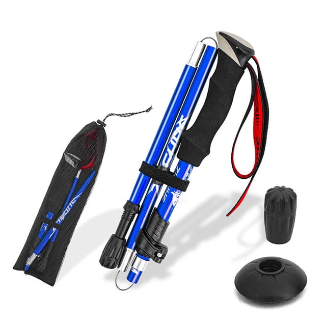 Graflsoa Bâton de Randonnée Ultraléger Pliable en Alliage d'Aluminium, Bâton de Randonnée Réglable en 5 Sections pour Aventures en Plein Air, Long Bâton Simple Bleu avec Accessoires