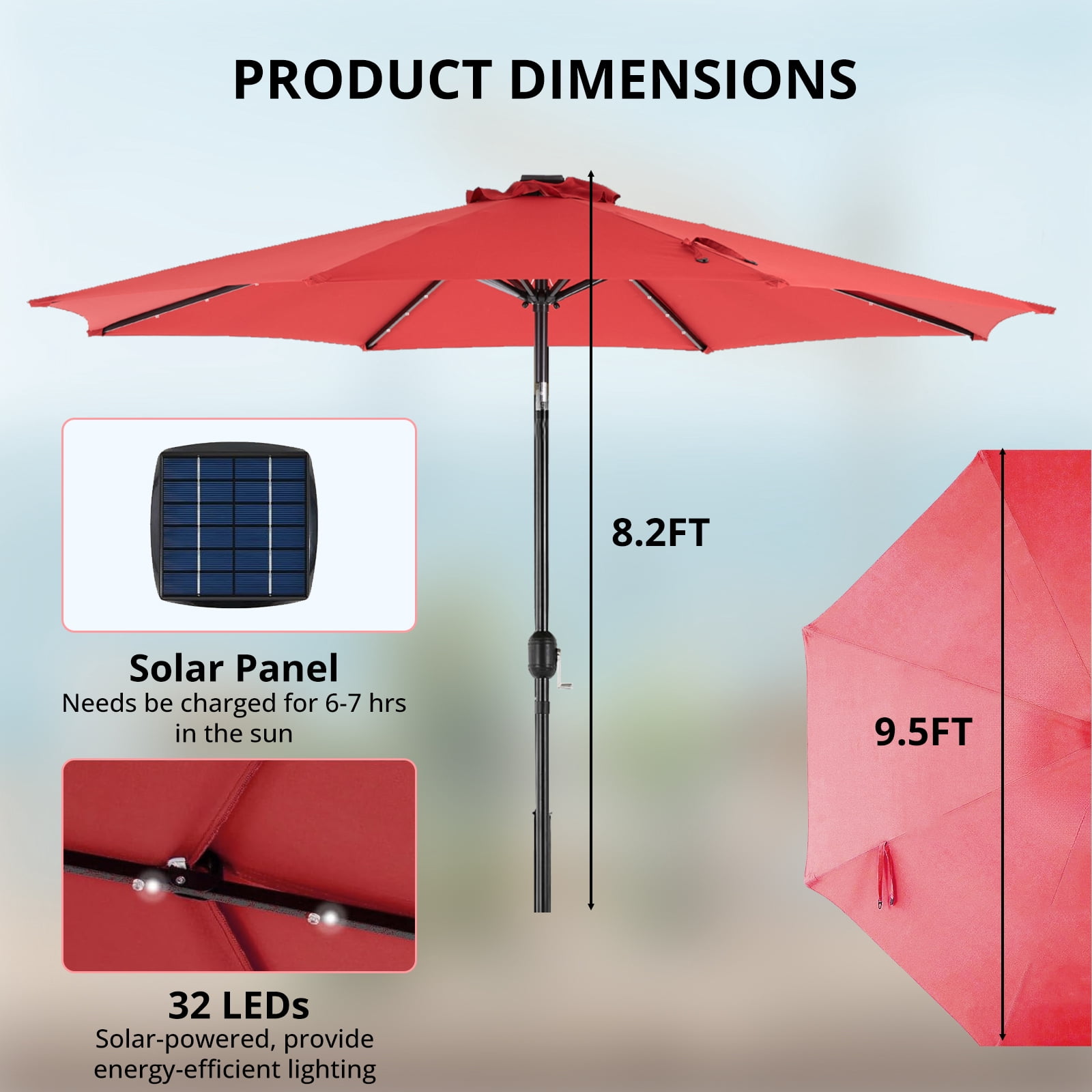 Blorly 10FT Solar Patio Umbrella with 32 LED Lights, Outdoor Umbrellas with Push Button Tilt and Crank, Tilting Table Umbrella with 8 Sturdy Ribs for Market, Beach, Red