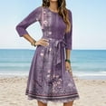thumbnail image 2 of WTOBBY Women's Chic Floral Print Waistband Round Neck 3/4 Sleeve Dress, Flowy Midi Sundress with Comfort Fit for Daily Activities,Purple S, 2 of 5