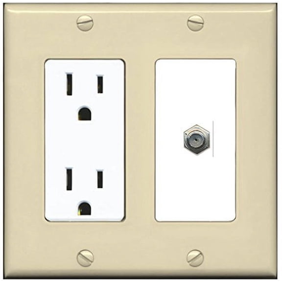 RiteAV - 15 Amp Power Outlet and 1 Port Coax Cable TV- F-Type Decorative Type Wall Plate - Ivory/White