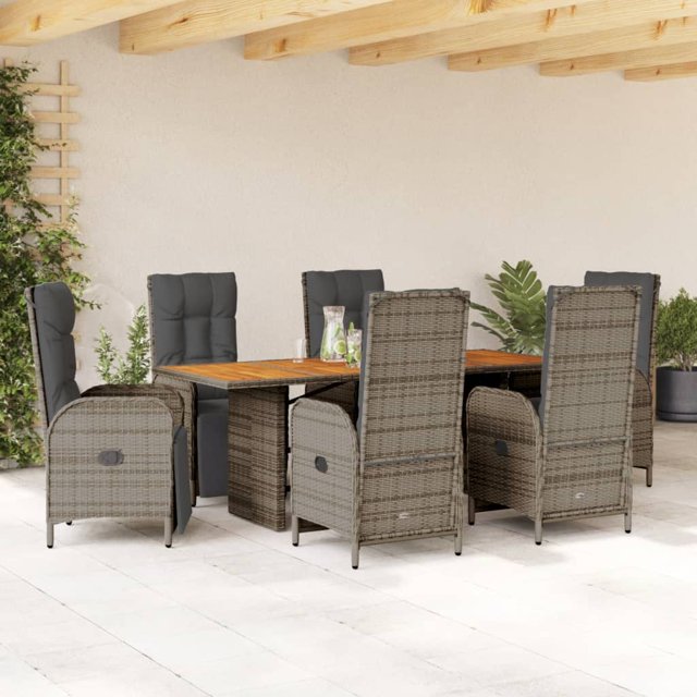 vidaXL 7 Piece Garden Dining Set with Cushions Grey Poly Rattan