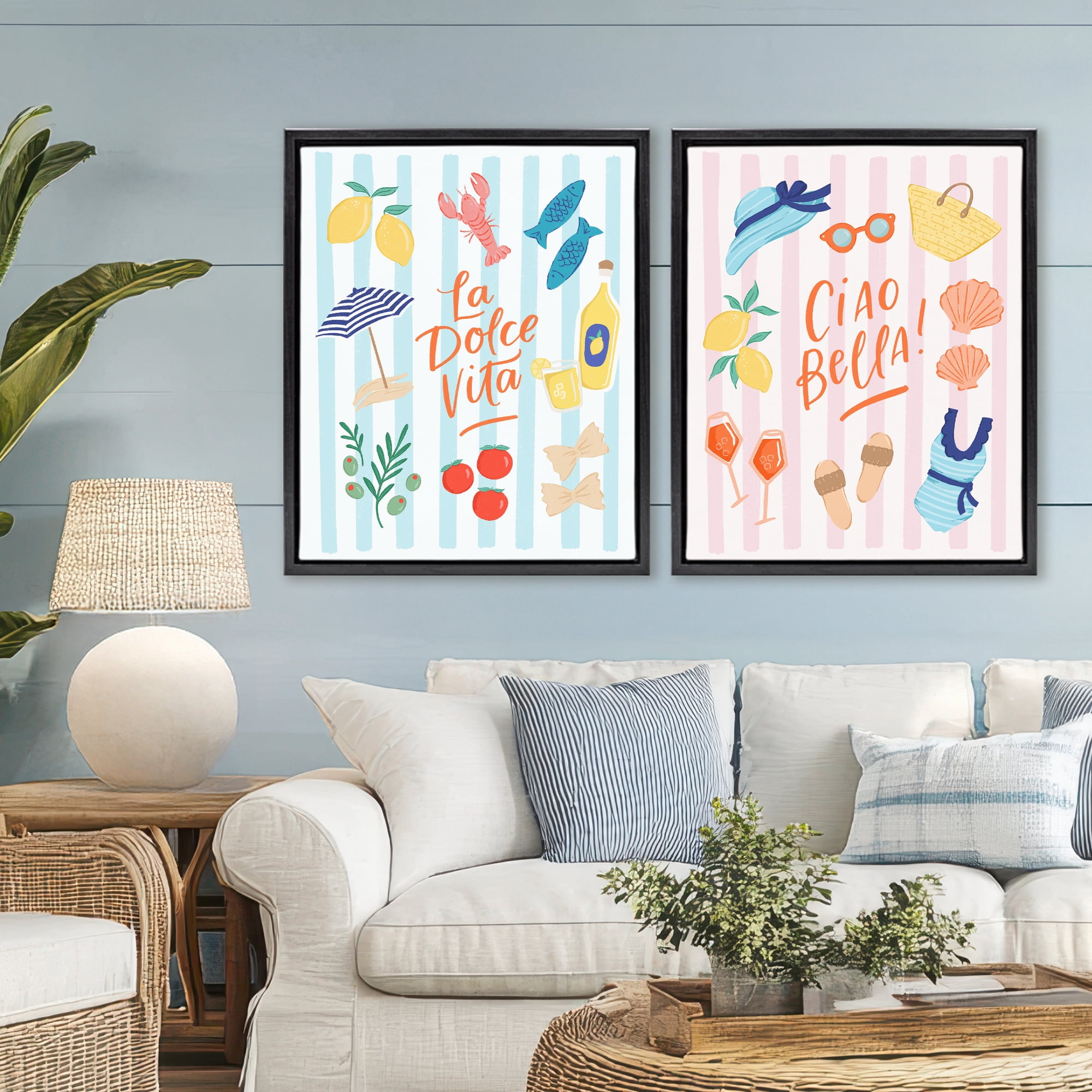 Stupell Industries Summer Italian Vacation 2 Piece Black Framed Floater Canvas Set, design by Sandra Picco