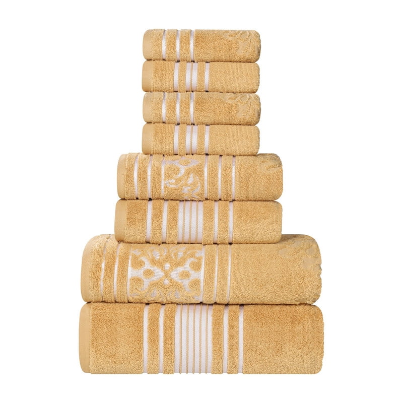 Superior Sadie Zero Twist Cotton Floral 8 Piece Towel Set, Ultra Soft Towels, Gold