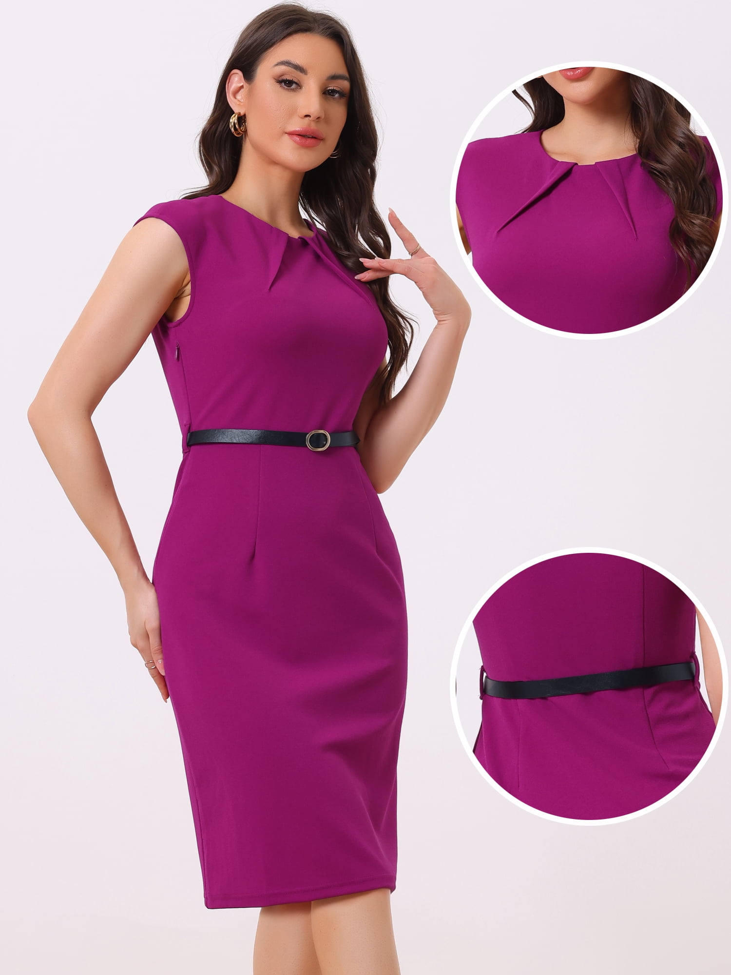 DARING DIVA Elegant Round Neck Cap Sleeve Belted Work Sheath Dresses XS Purple