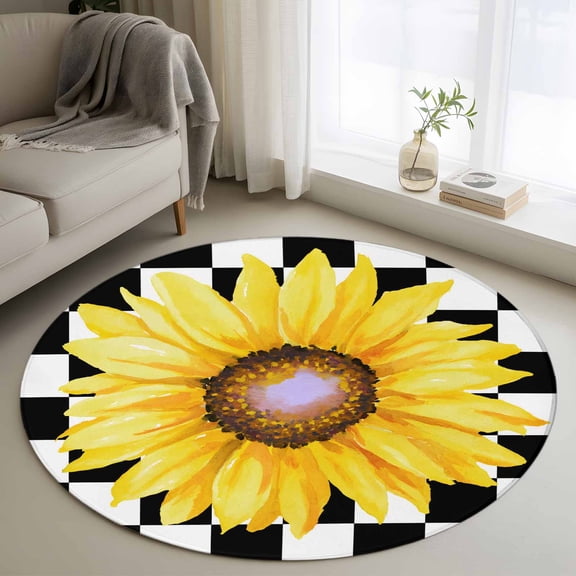 Area Rug 36in, Watercolor Sunflower on Checkered Floor Carpet Living Room Rug, Yellow Black White Non-Slip Welcome Mat Indoor Rugs for Bedroom Dining Room