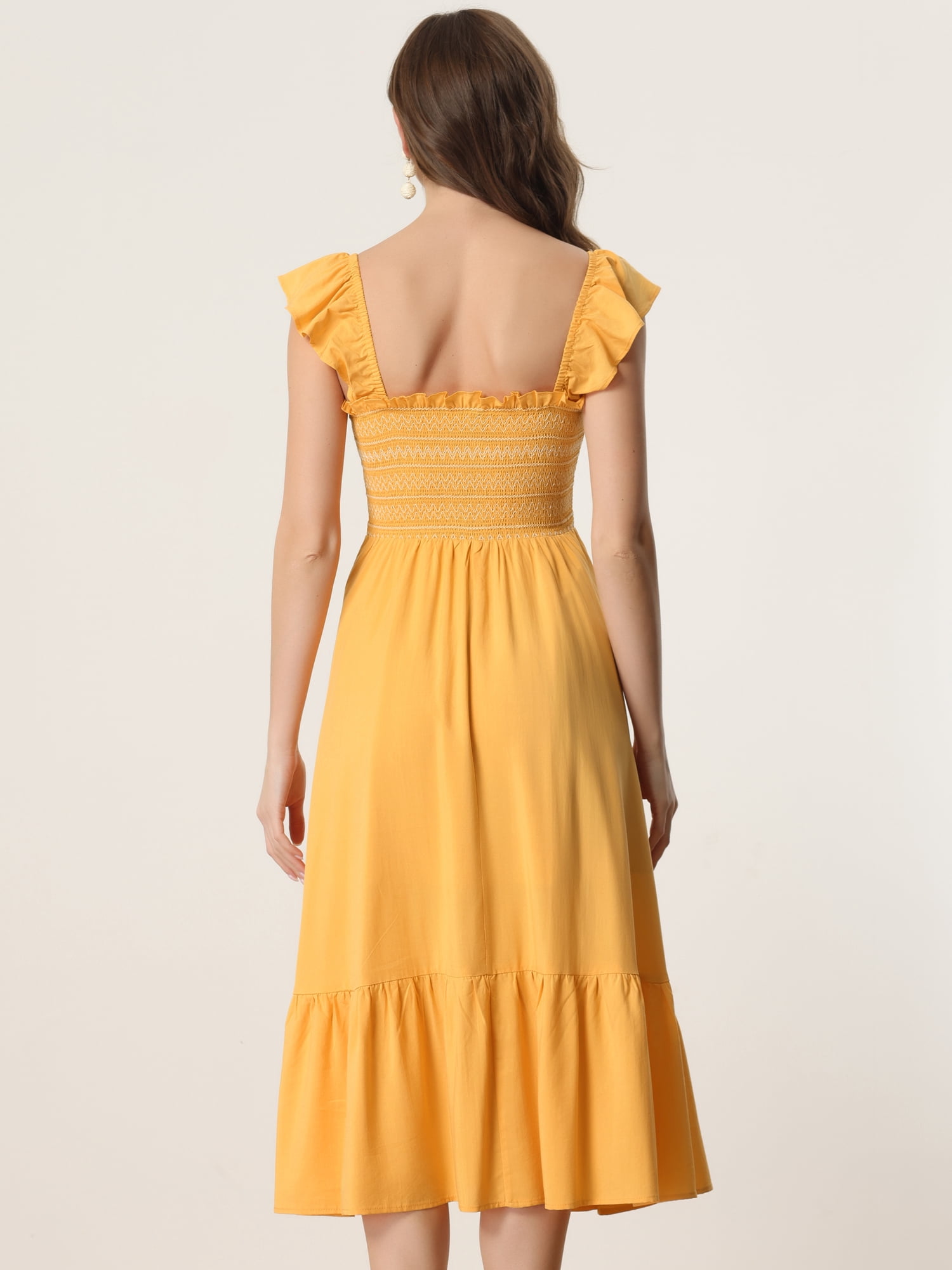 DARING DIVA Square Neck Boho Sleeveless Ruffle Tiered Smocked Sundress XL Yellow
