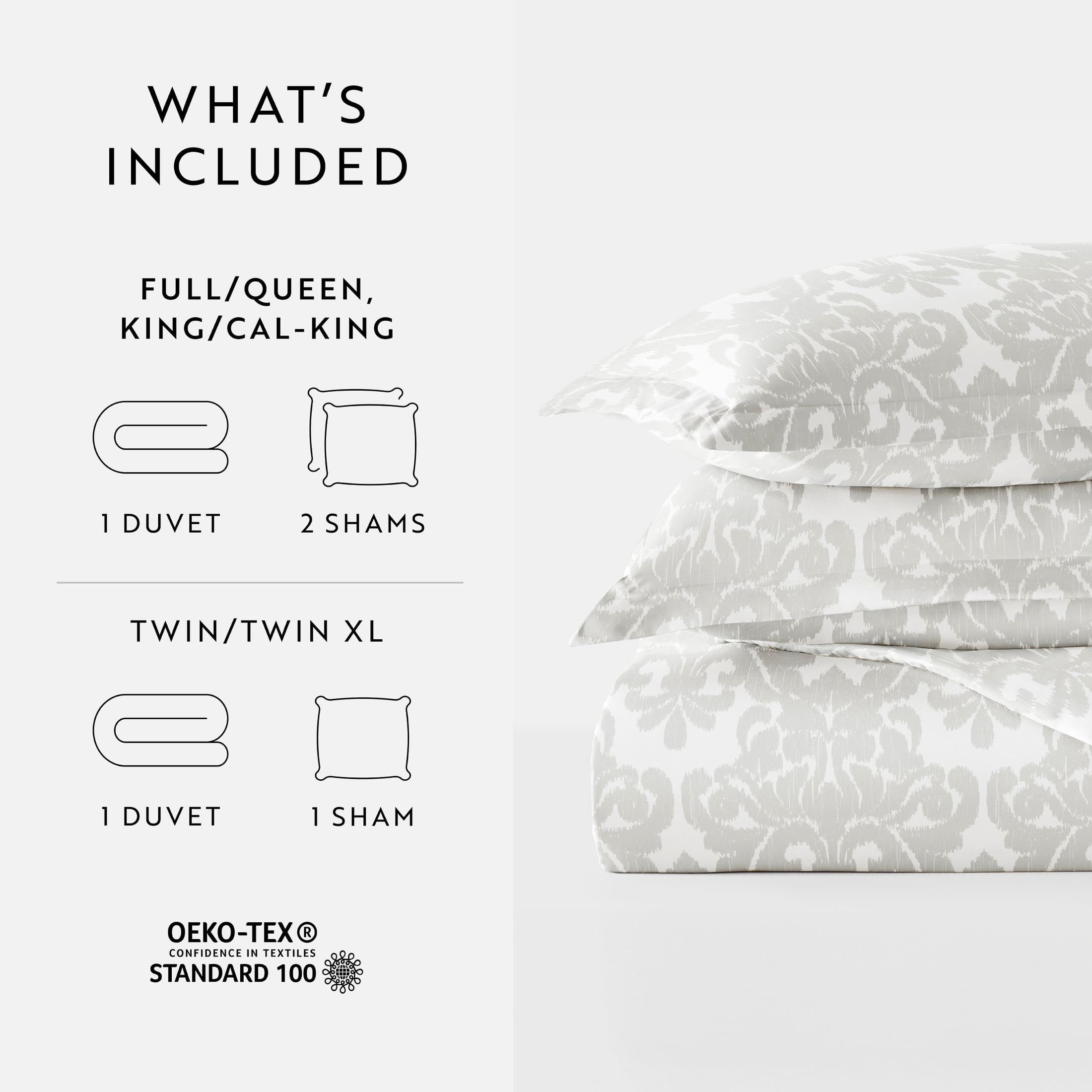 Noble Linens Light Gray Soft Damask Pattern 3-Piece Duvet Cover Set, King/Calking