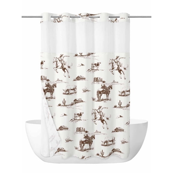 Western Cowboy No Hook Shower Curtain and Liner Set Retro Brown Desert Ethnic Horse Shower Curtains with Snap-in Liner & See Through Top Window Hotel Style for Bathroom Decor 36x72 Inch