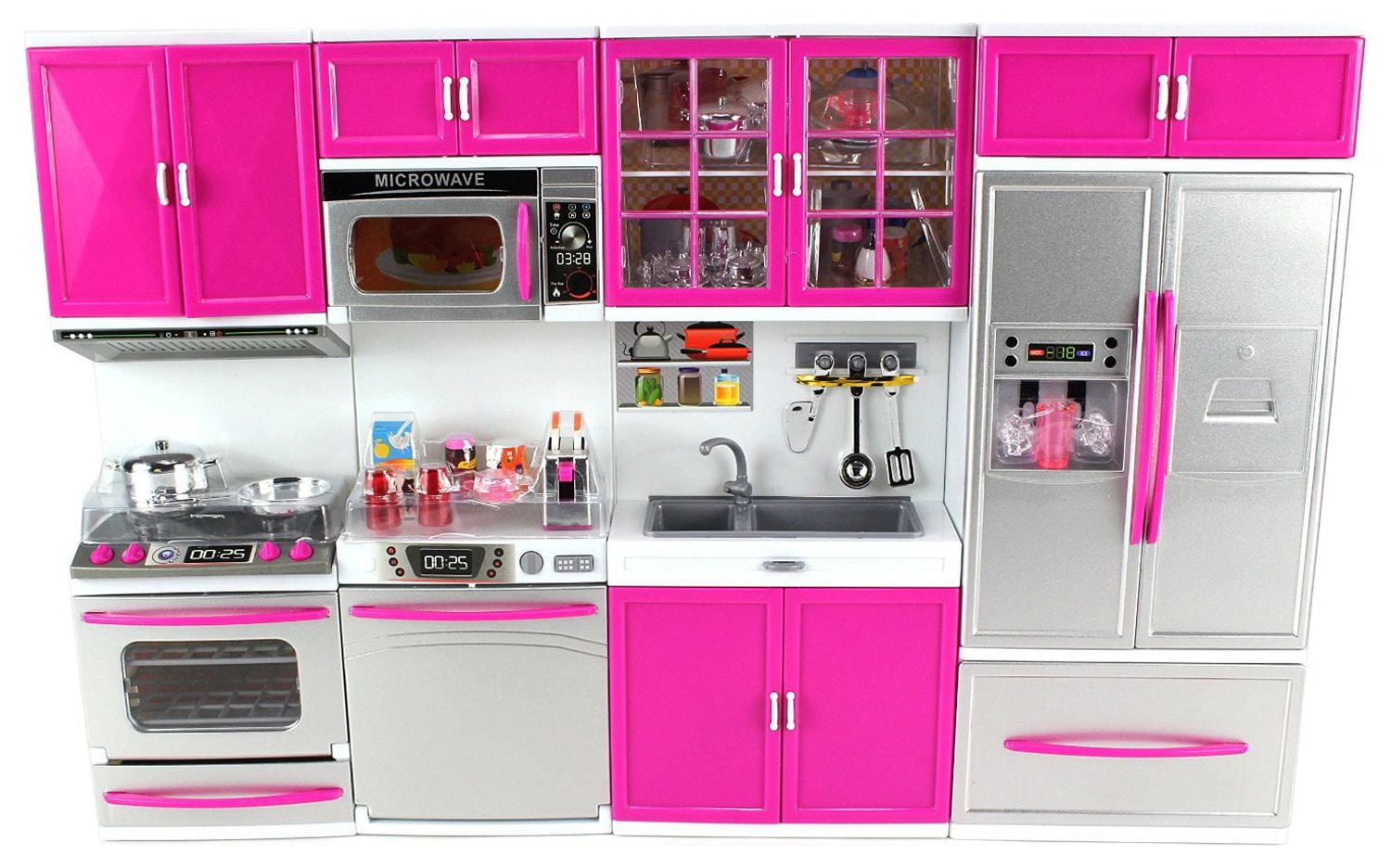Kitchen Connection My Modern Kitchen Full Deluxe Kit Kitchen Playset: Refrigerator, Stove, Microwave - Pink & Silver-13.5 x 12