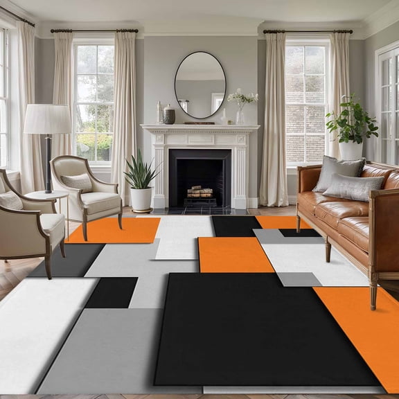 8x10 Area Rugs for Living Room, Orange Grey Black Geometric Non Slip Area Rugs for Kitchen Bedroom Entryway, Modern Abstract Art Washable Carpet Runner Rug Floor Mats for Bedroom Home Decor