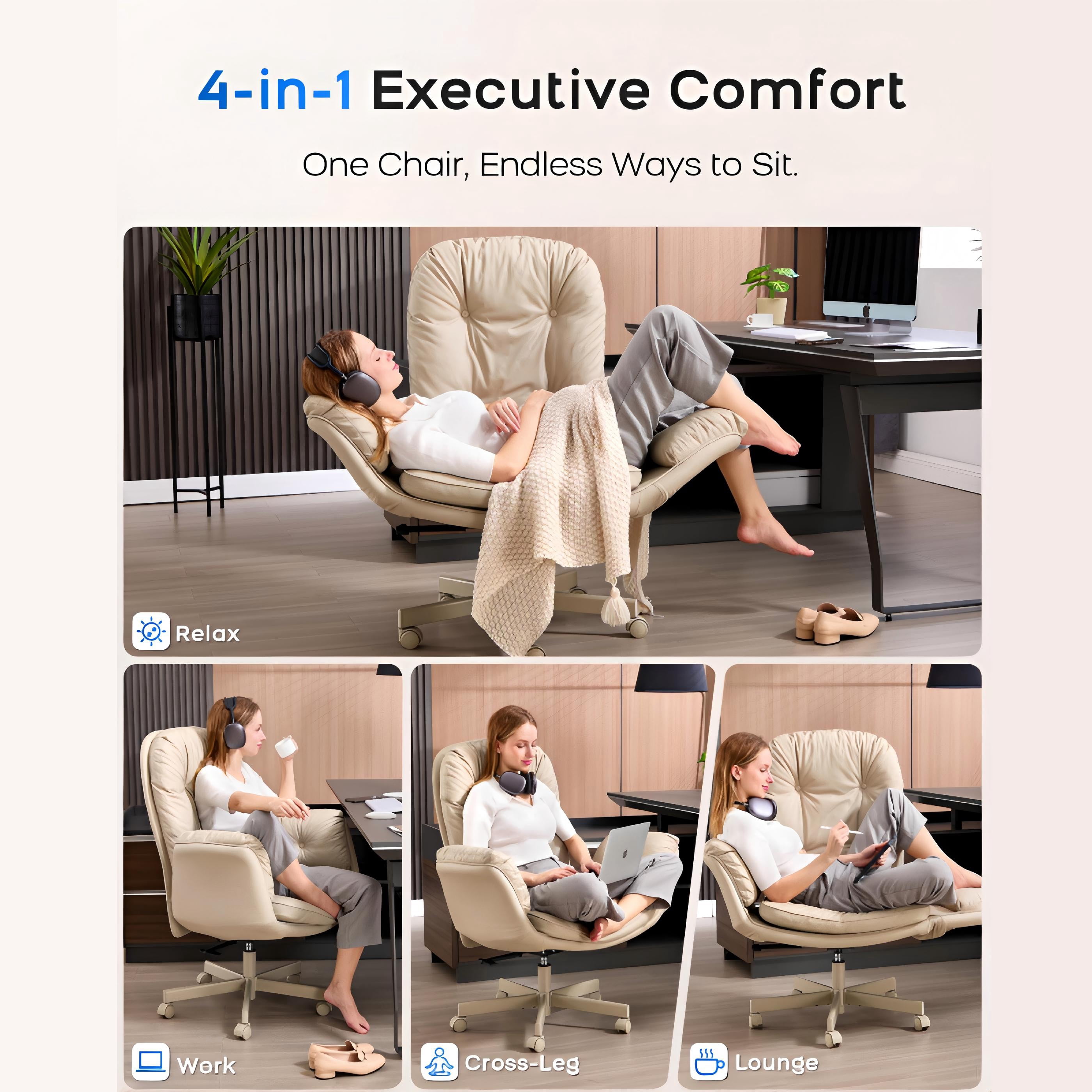 TMV Vanity Chair with Foldable Arms, Criss Cross Design Office Desk Chair - Standard Size Swivel Computer Chair with Wheels,Cream