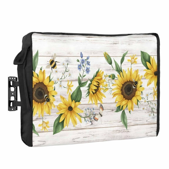 Outdoor TV Cover 40 to 43 Inches, Sunflower Butterfly Bee Flower Farm Wood Grain Waterproof and Weatherproof TV Cover with Remote Control Pocket, Flat Screen TV Cover Protector for Outside TV
