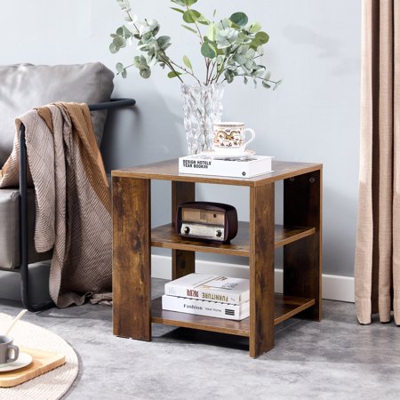 Pouseayar Wood 3-Tier End Square Table Living Room Nightstand, Brown