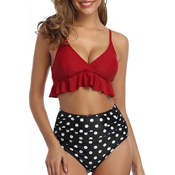 Trajes de baño de dos piezas para mujer, conjunto de bikini con volantes de cintura alta, traje de baño con control de barriga con cuello en V, lunares rojo oscuro (S-lunares rojo oscuro-S Sincero Electrónica