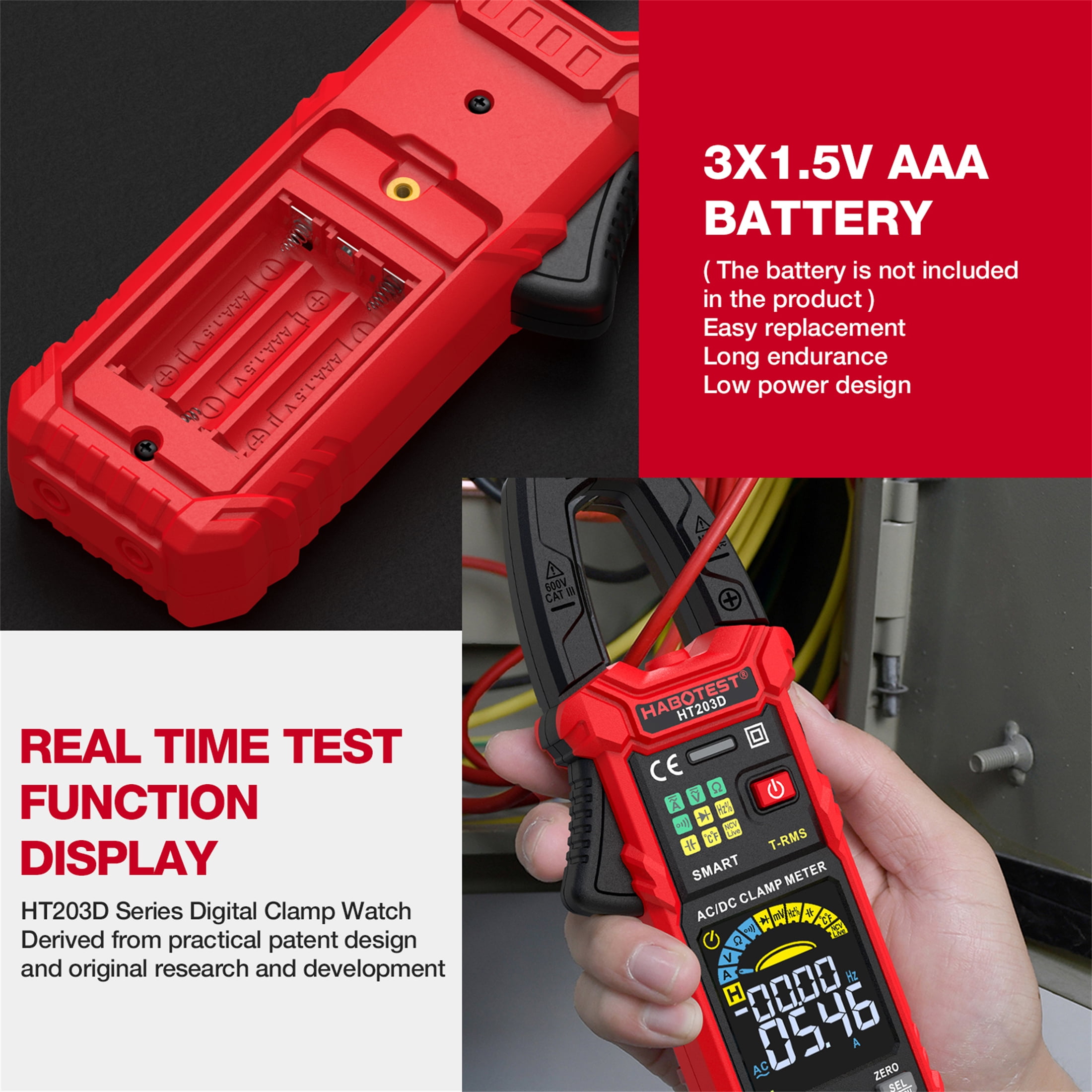 HABOTEST HT203D Digital Clamp Meter Multimeter,6000 Counts, Data Retention，Auto-ranging Amp Voltage Tester for Measuring Voltage, Current,NCV Clamp Multimeter