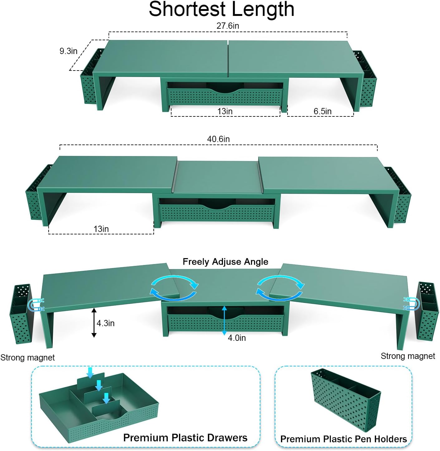 Dual Monitor Stand Riser with Drawer and Pen Holders, Wooden Desk Shelf Organizer for Computer Monitor