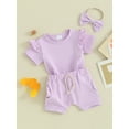 thumbnail image 3 of FEORJGP Toddler Girls Summer Outfit 3M 6M 1T 2T 3T Infant Baby Short Sleeve T-shirt Crew Neck Shirt Ruffle Tops Solid Color Shorts Headband Loose Casual Daily Sets, 3 of 9