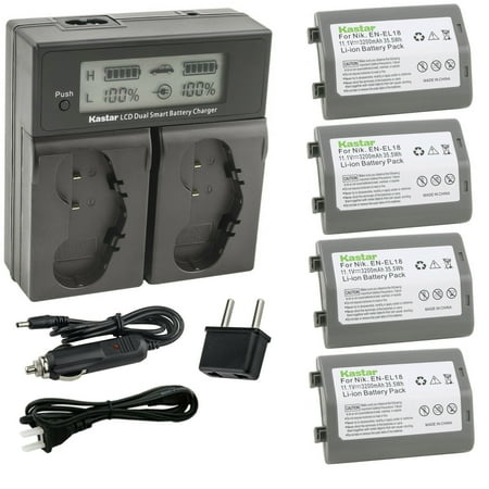 Kastar 4-Pack Battery and AC LCD Dual Fast Charger Compatible with Nikon EN-EL18 EN-EL18a EN-EL18b EN-EL18c EN-EL18d MH-26 MH-26a MH-26b Nikon D4 D4S D5 D6 D6S Nikon Z 9 Mirrorless Digital Camera