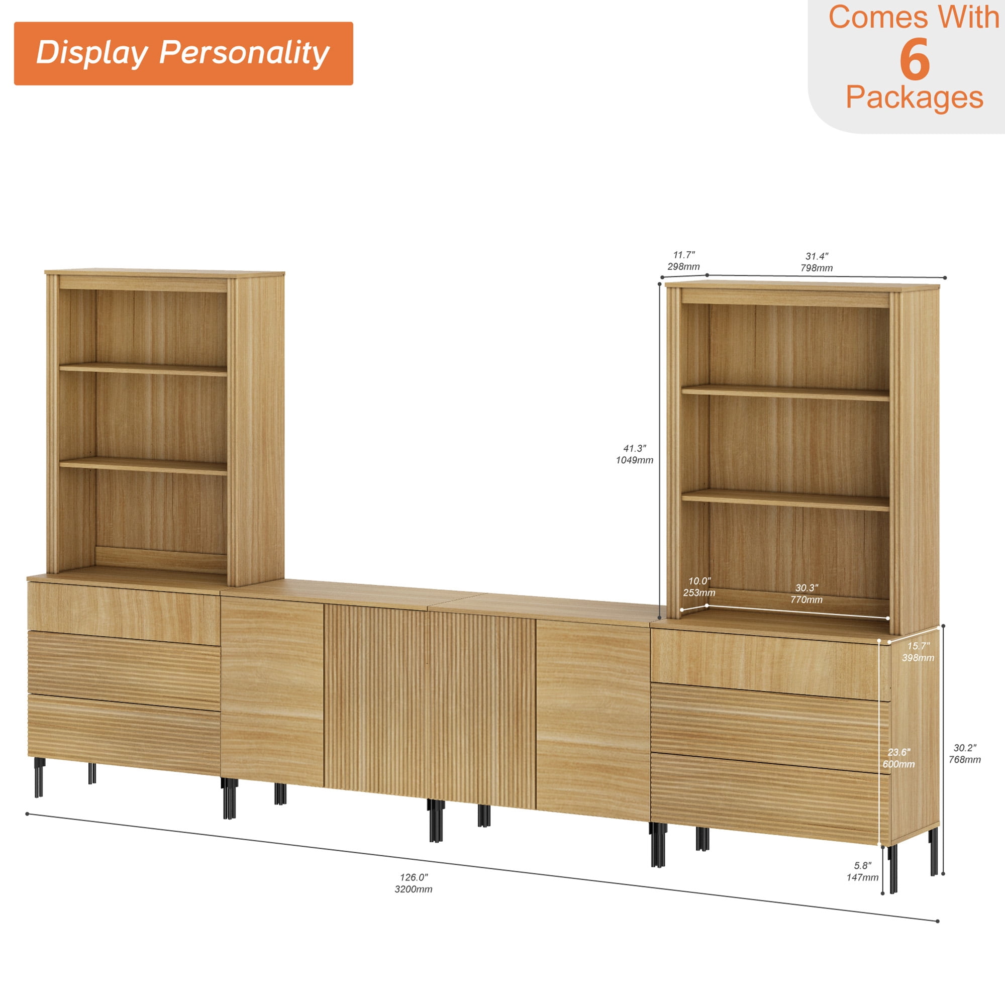71"H X 126"W Tall Fluted Bookshelf with 6 Drawers and 4 Doors, Modern 10-Tier Bookcase with Open Storage, Large Wood Display Cabinet For Living Room Bedroom Home Office Kitchen