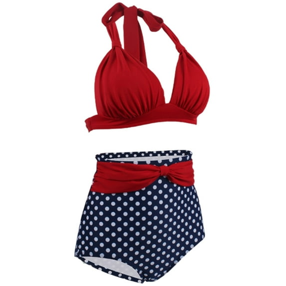 Avamo Women Swimsuit Floral Print Bathing Suit Two Piece High Waist Swimwear Sleeveless Ladies Sexy Polka Dots Backless Bandage 1 (upper Red And Lower Wave Dot) Xl none