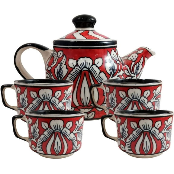 India Meets India Red Ceramic Tea Pot Kettle 20 Oz & 4 Tea Cups Floral Handpainted Indian Handicraft Perfect Gift Pack