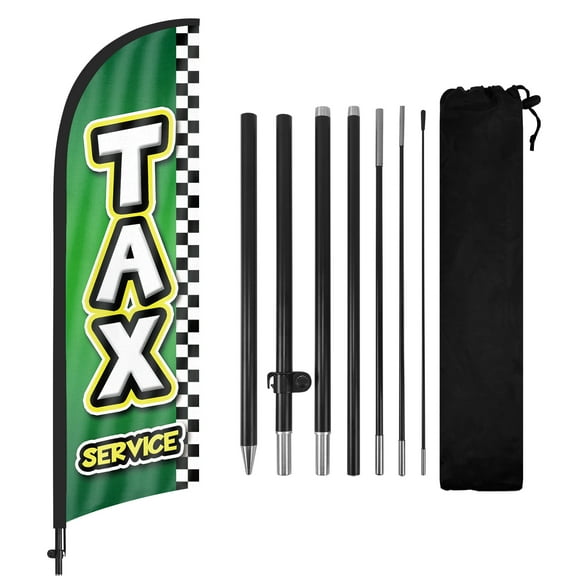 QSUM Tax Service Feather Flag with Flag Pole Kit and Ground Spike, 8.2FT Tax Service Windless Flag Banner Sign Business for Outdoor Advertising Sign Decoration Display