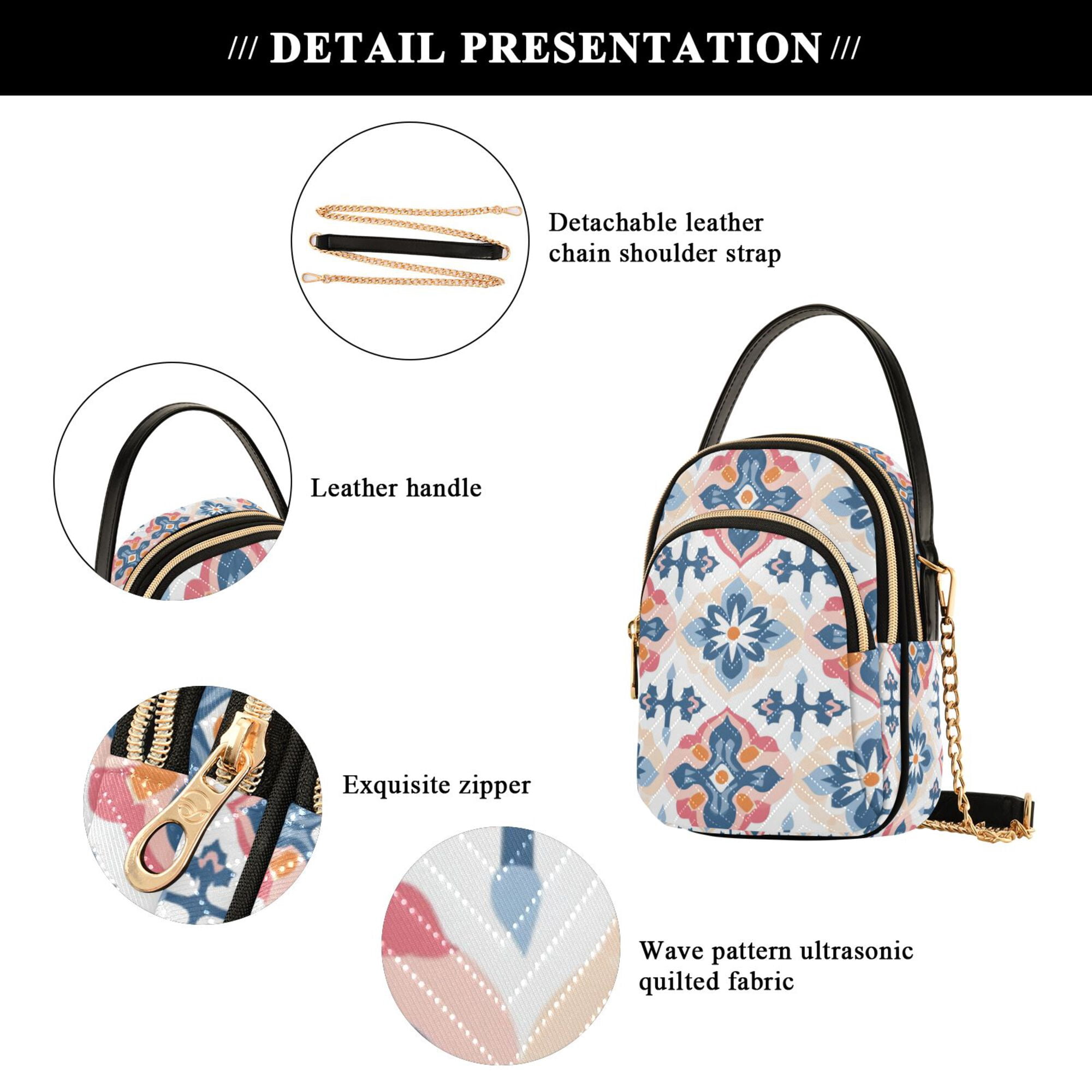 FORMRS Crossbody Bag for Women Quilted Travel Shoulder Cell Phone Purse with Chain Strap Handbag, Navy Blossom Mosaic