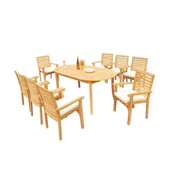 Grade-A Teak Dining Set: 8 Seater 9 Pc: 94" Oval Table And 8 Hari Stacking Arm Chairs Outdoor Patio WholesaleTeak #51HR2209